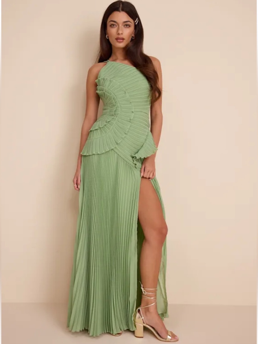 NWT Lulus Magdalene Light Green Pleated Asymmetrical Maxi Dress